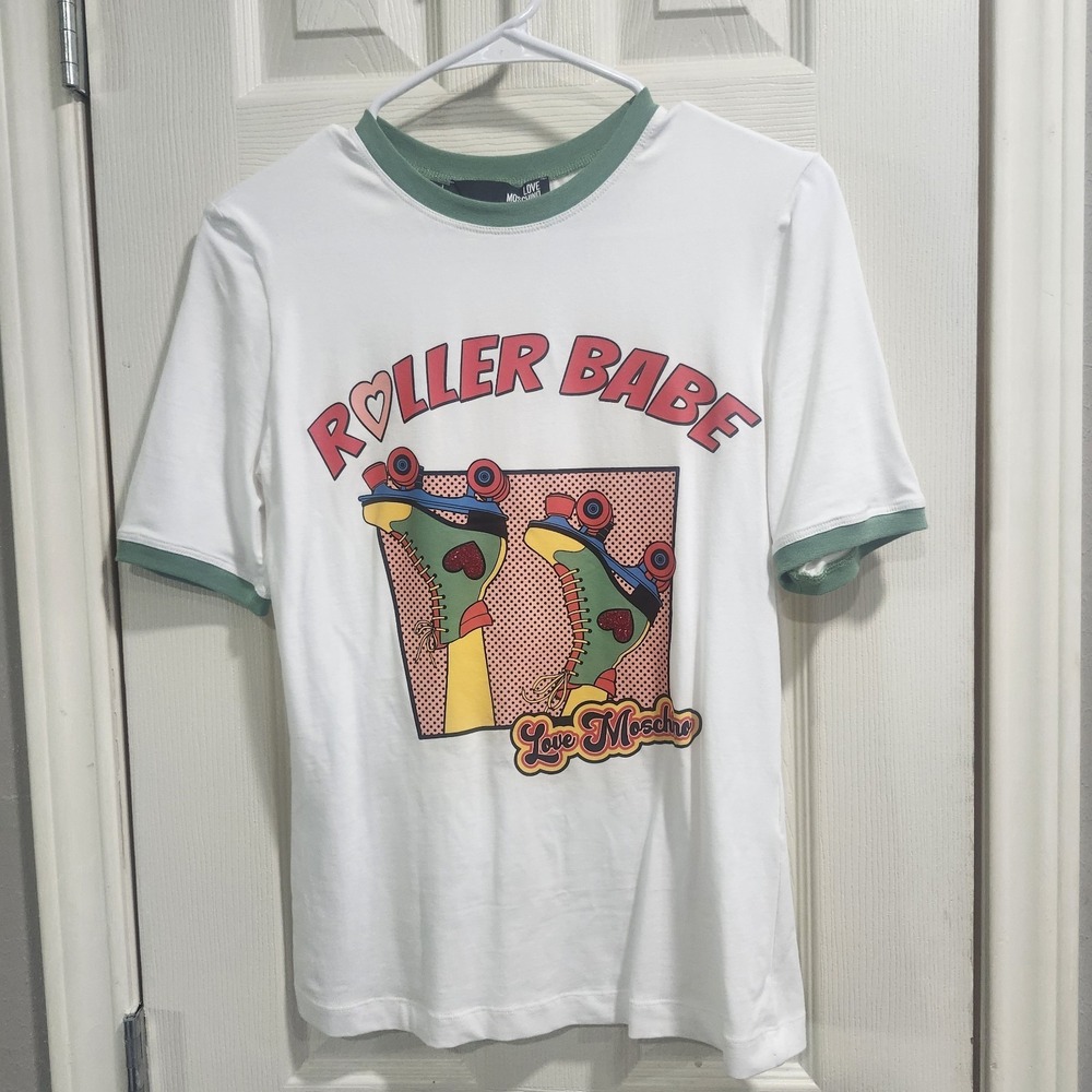 LOVE MOSCHINO Roller Babe Print White Tshirt SIZE US4 / IT40 / S